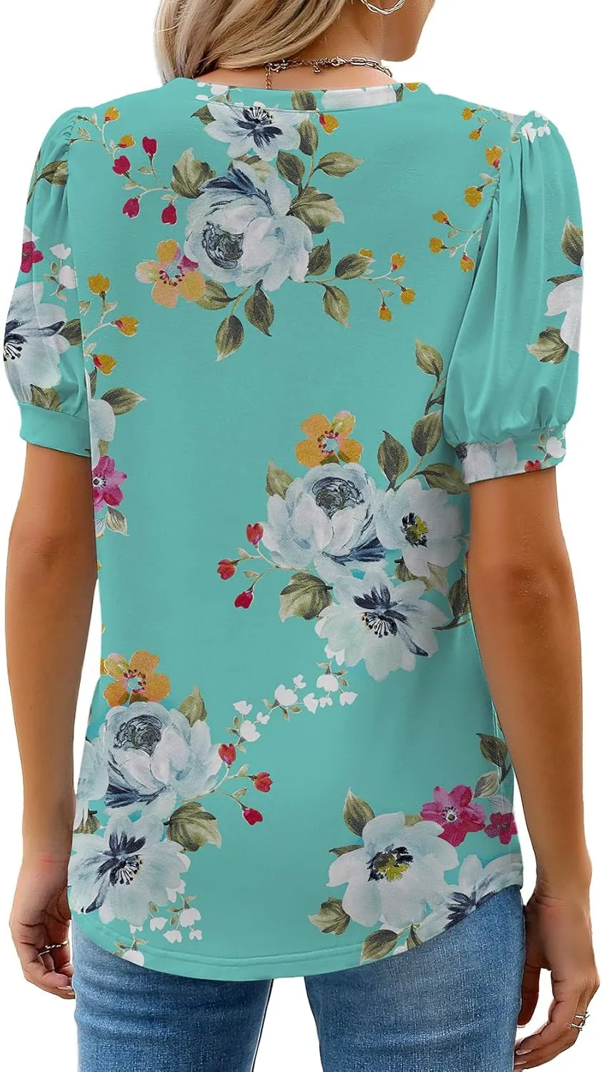 WEACZZY Womens Puff Short Sleeve Tops Dressy Casual Crew Neck Pleated T Shirts Cute Blouse Tunic Top Fashion Clothes 2025