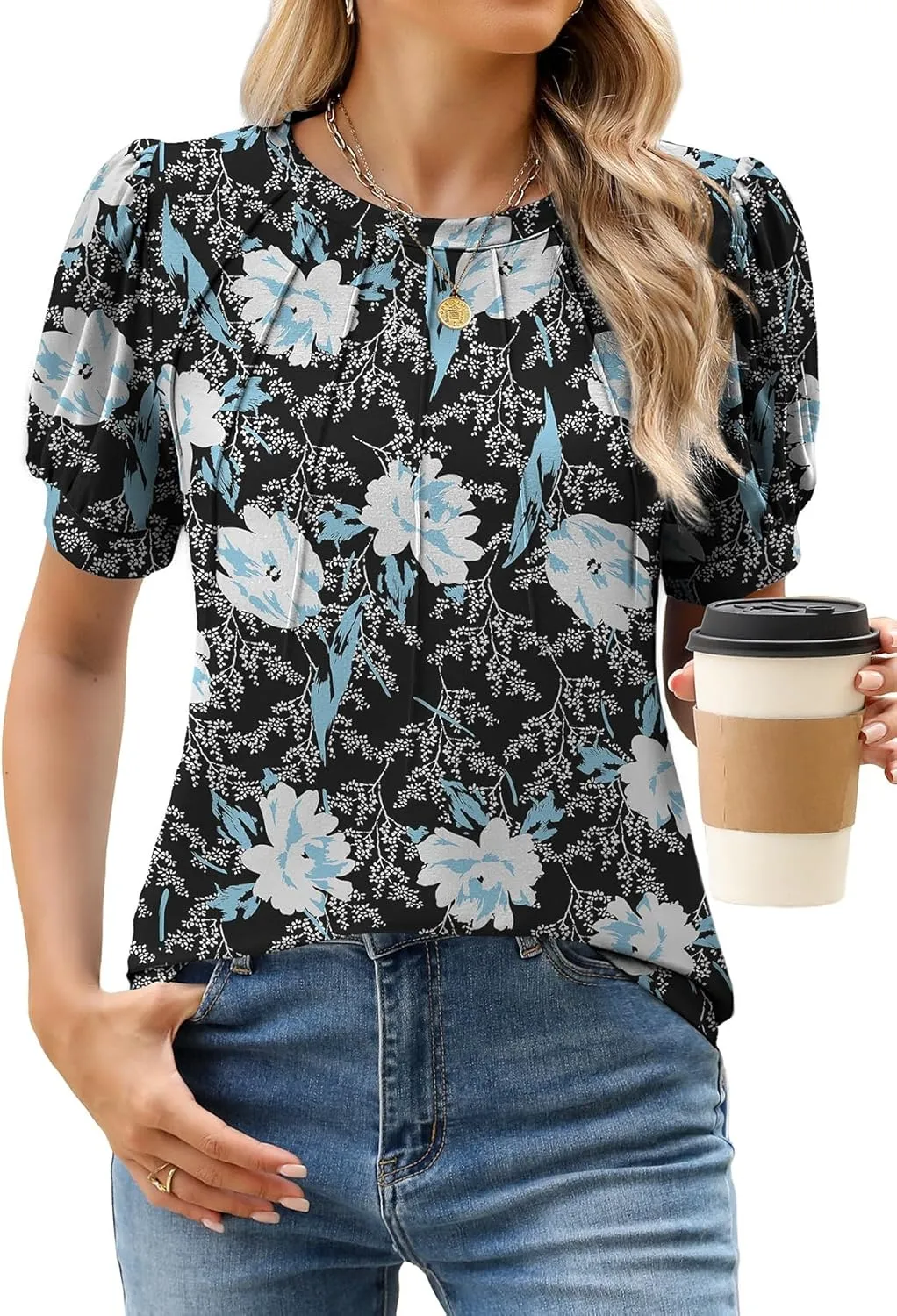 WEACZZY Womens Puff Short Sleeve Tops Dressy Casual Crew Neck Pleated T Shirts Cute Blouse Tunic Top Fashion Clothes 2025