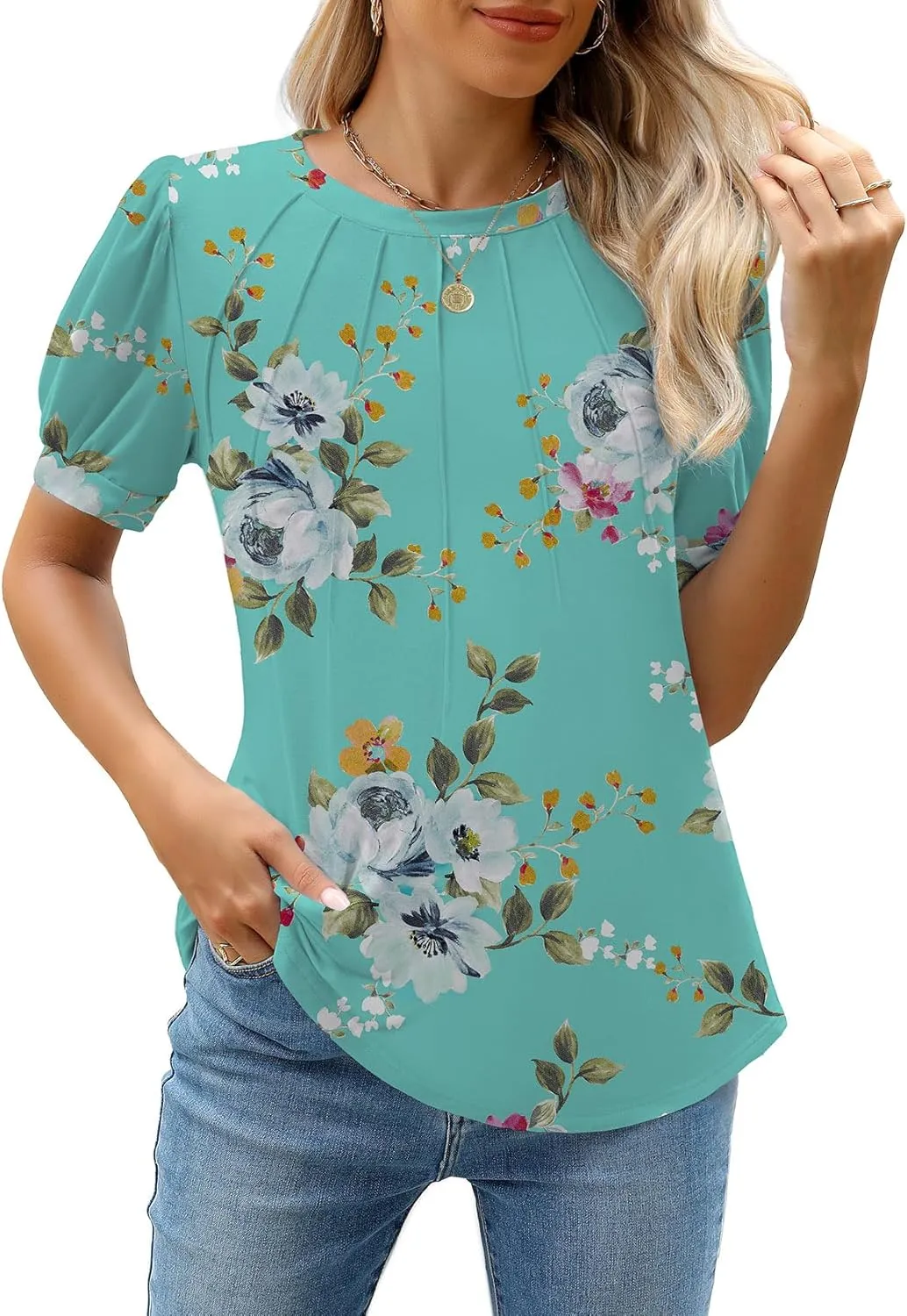 WEACZZY Womens Puff Short Sleeve Tops Dressy Casual Crew Neck Pleated T Shirts Cute Blouse Tunic Top Fashion Clothes 2025