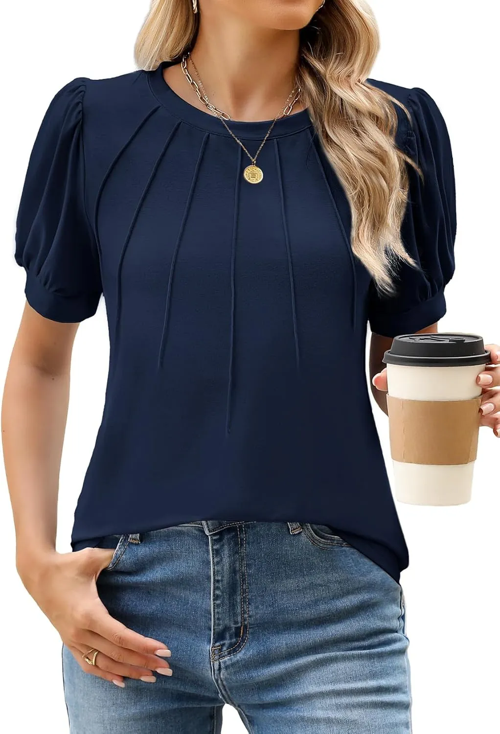 WEACZZY Womens Puff Short Sleeve Tops Dressy Casual Crew Neck Pleated T Shirts Cute Blouse Tunic Top Fashion Clothes 2025