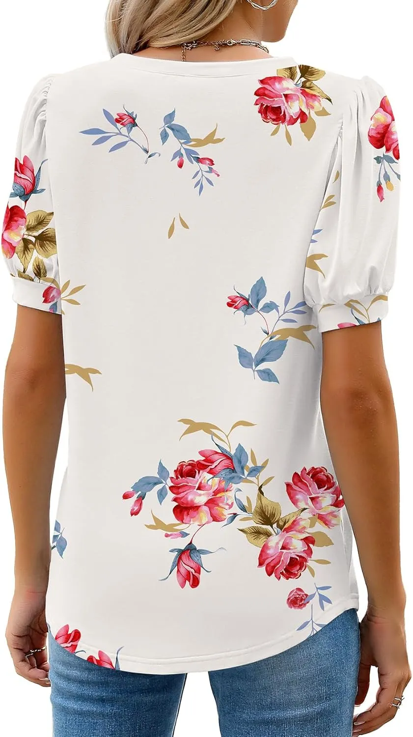 WEACZZY Womens Puff Short Sleeve Tops Dressy Casual Crew Neck Pleated T Shirts Cute Blouse Tunic Top Fashion Clothes 2025
