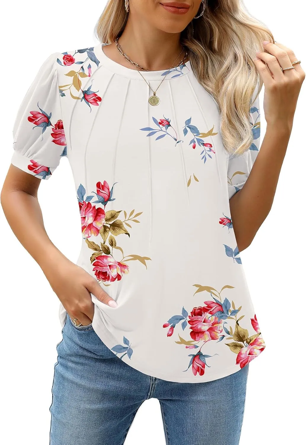WEACZZY Womens Puff Short Sleeve Tops Dressy Casual Crew Neck Pleated T Shirts Cute Blouse Tunic Top Fashion Clothes 2025