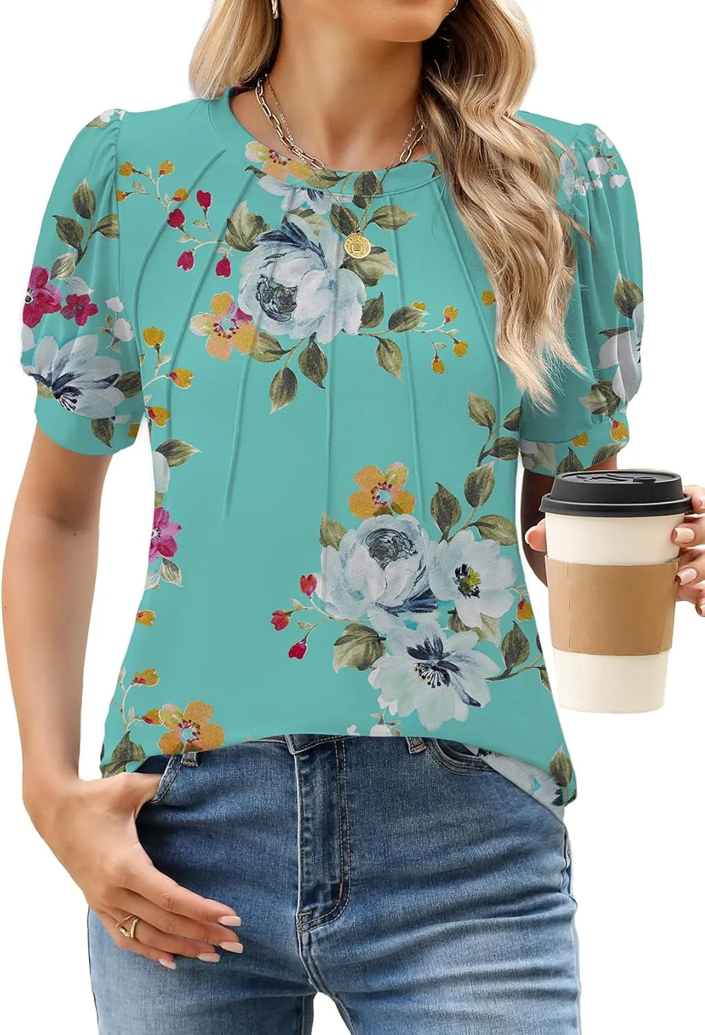 WEACZZY Womens Puff Short Sleeve Tops Dressy Casual Crew Neck Pleated T Shirts Cute Blouse Tunic Top Fashion Clothes 2025