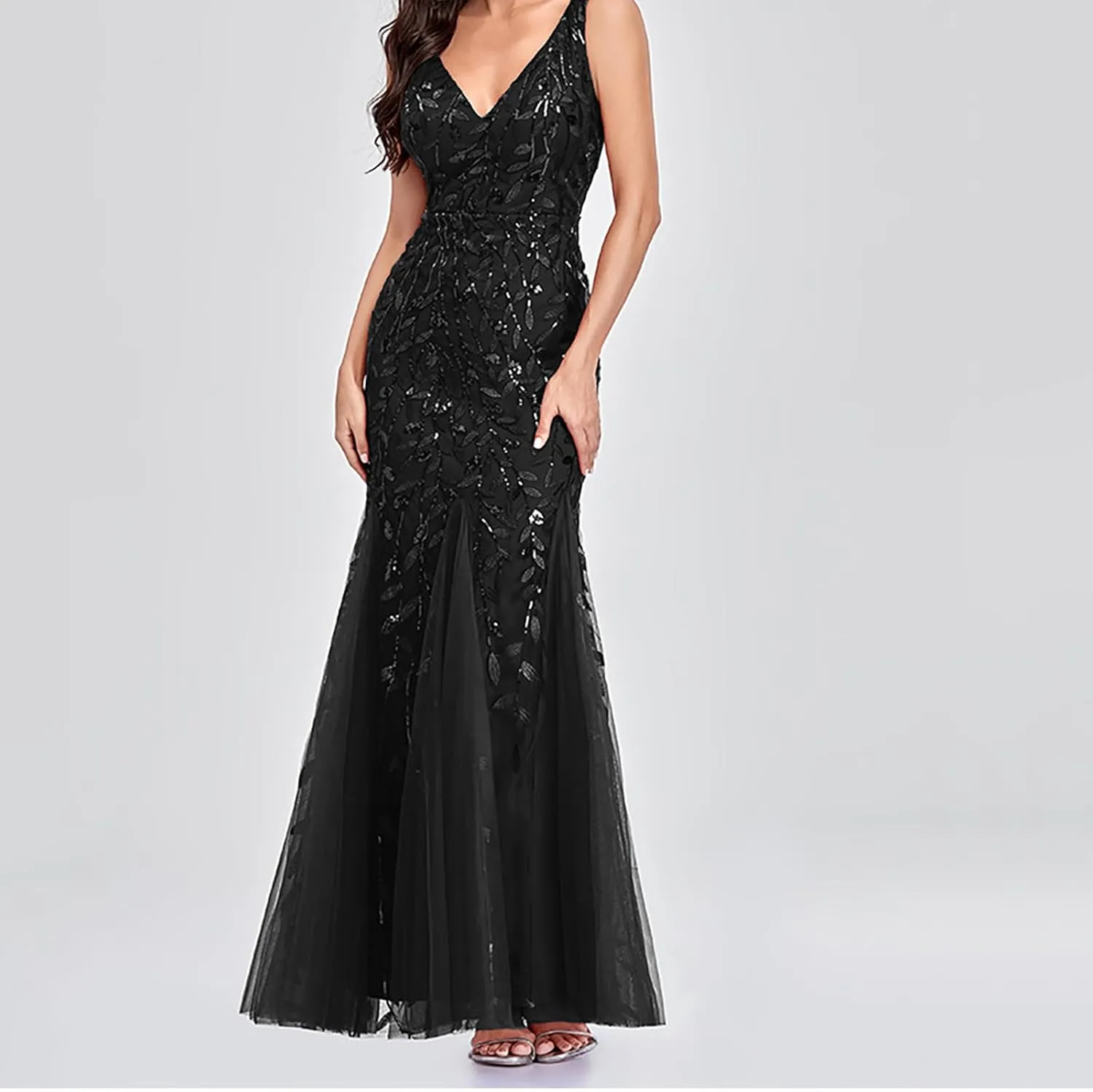 Wedding Guest Dress Women Glitter Sequin Chiffon Dress Elegant V-Neck Mermaid Bodycon Maxi Evening Party Formal Gowns