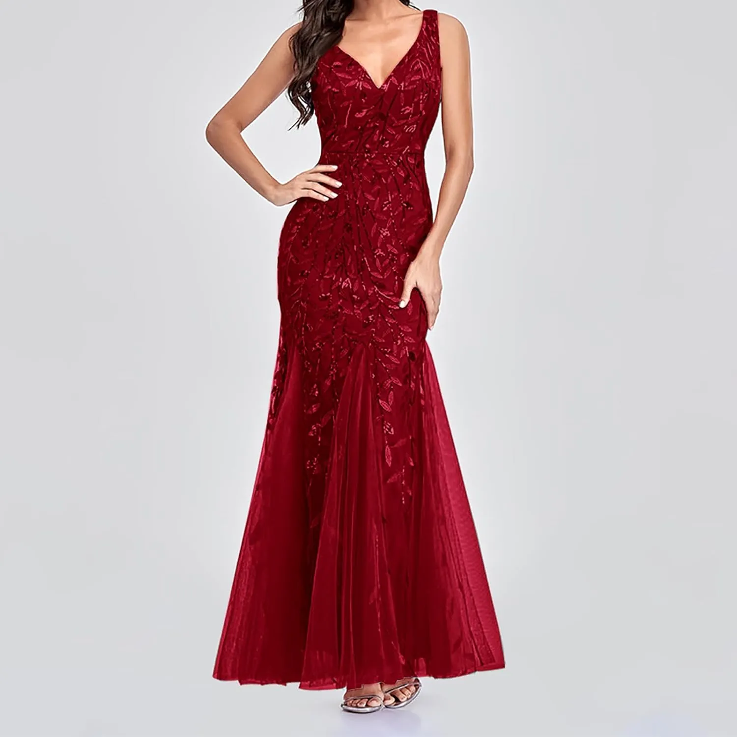 Wedding Guest Dress Women Glitter Sequin Chiffon Dress Elegant V-Neck Mermaid Bodycon Maxi Evening Party Formal Gowns