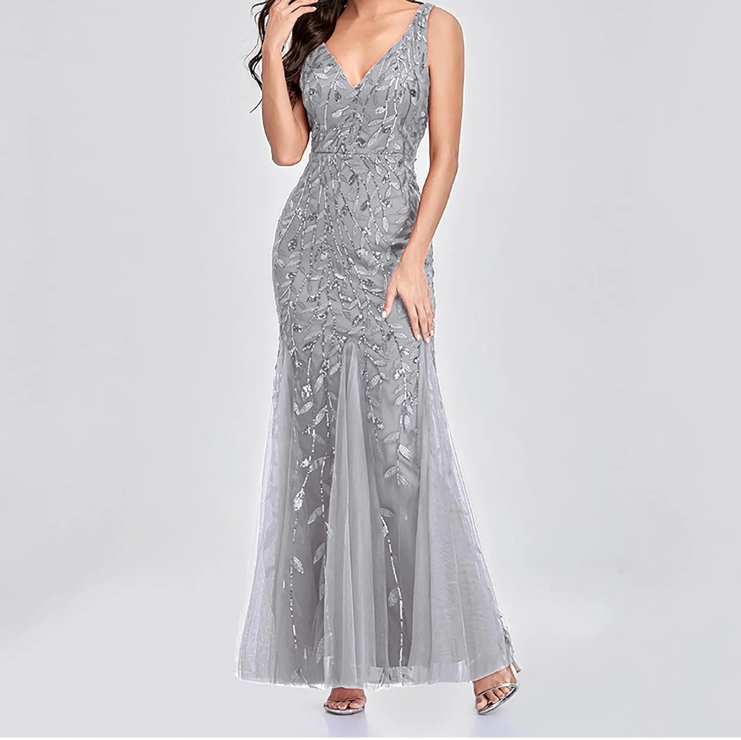 Wedding Guest Dress Women Glitter Sequin Chiffon Dress Elegant V-Neck Mermaid Bodycon Maxi Evening Party Formal Gowns