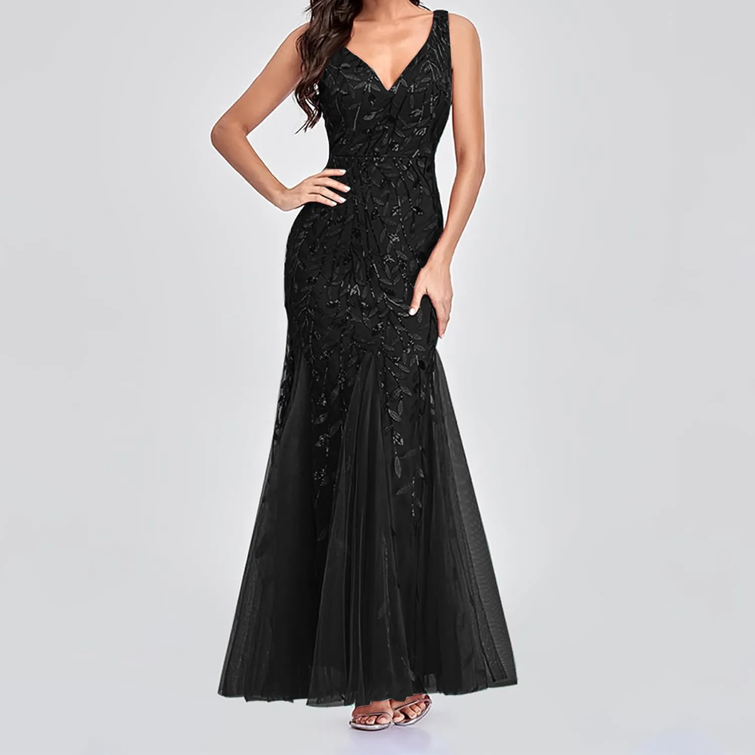 Wedding Guest Dress Women Glitter Sequin Chiffon Dress Elegant V-Neck Mermaid Bodycon Maxi Evening Party Formal Gowns
