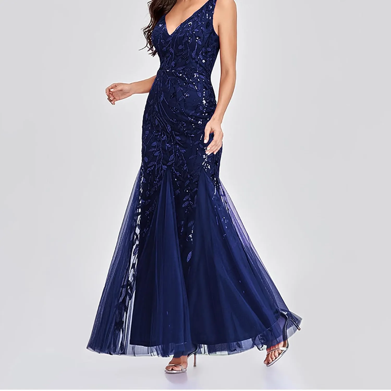 Wedding Guest Dress Women Glitter Sequin Chiffon Dress Elegant V-Neck Mermaid Bodycon Maxi Evening Party Formal Gowns