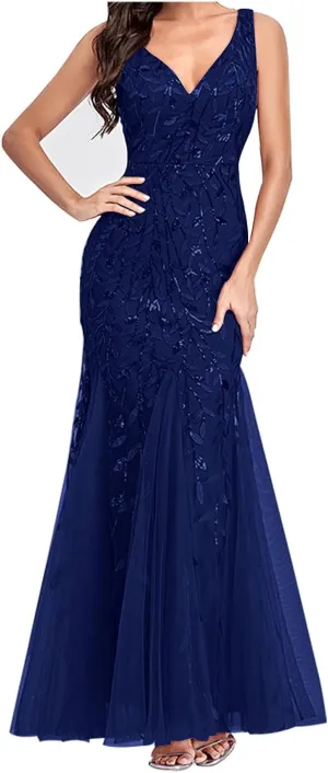 Wedding Guest Dress Women Glitter Sequin Chiffon Dress Elegant V-Neck Mermaid Bodycon Maxi Evening Party Formal Gowns