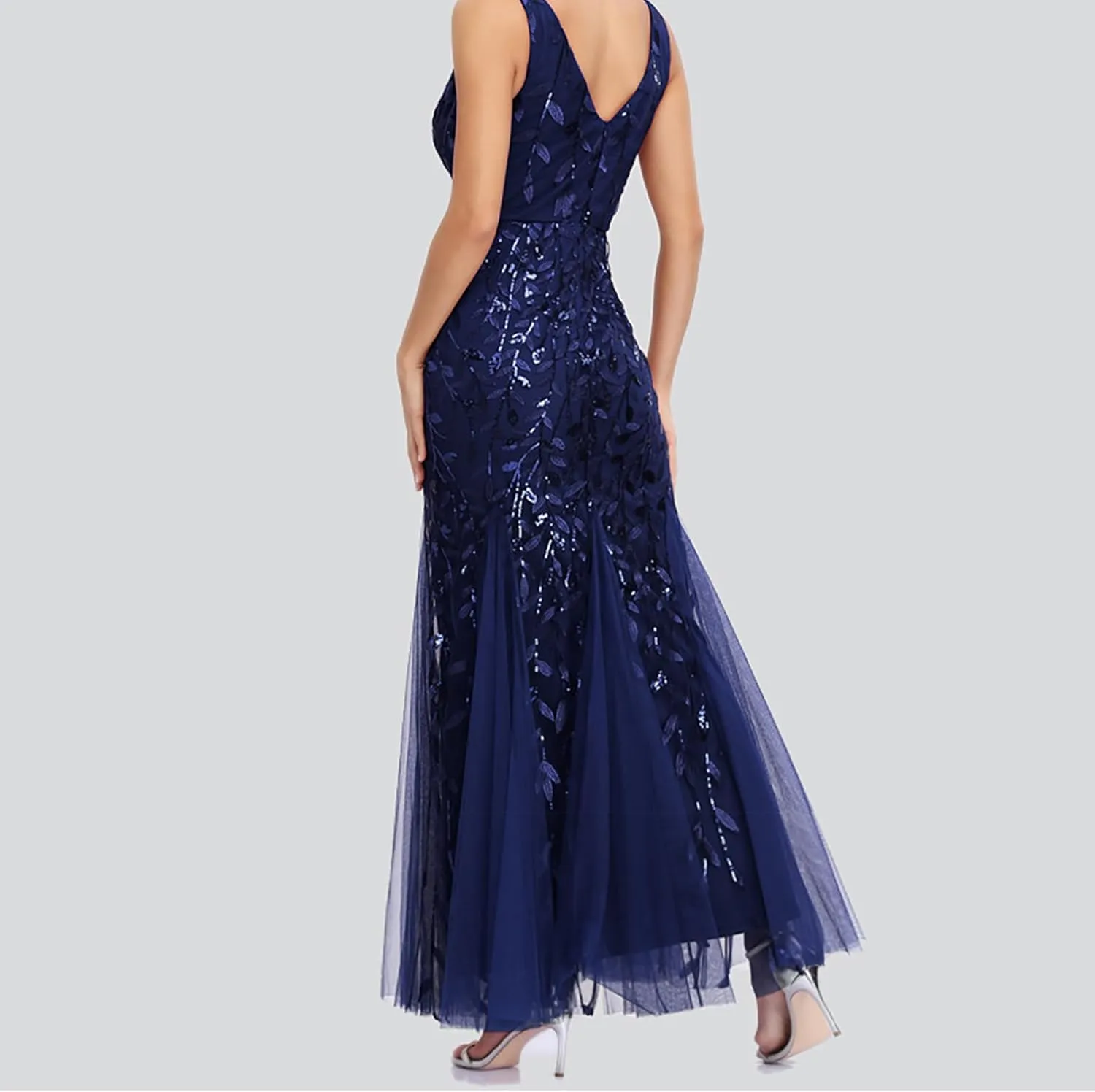 Wedding Guest Dress Women Glitter Sequin Chiffon Dress Elegant V-Neck Mermaid Bodycon Maxi Evening Party Formal Gowns