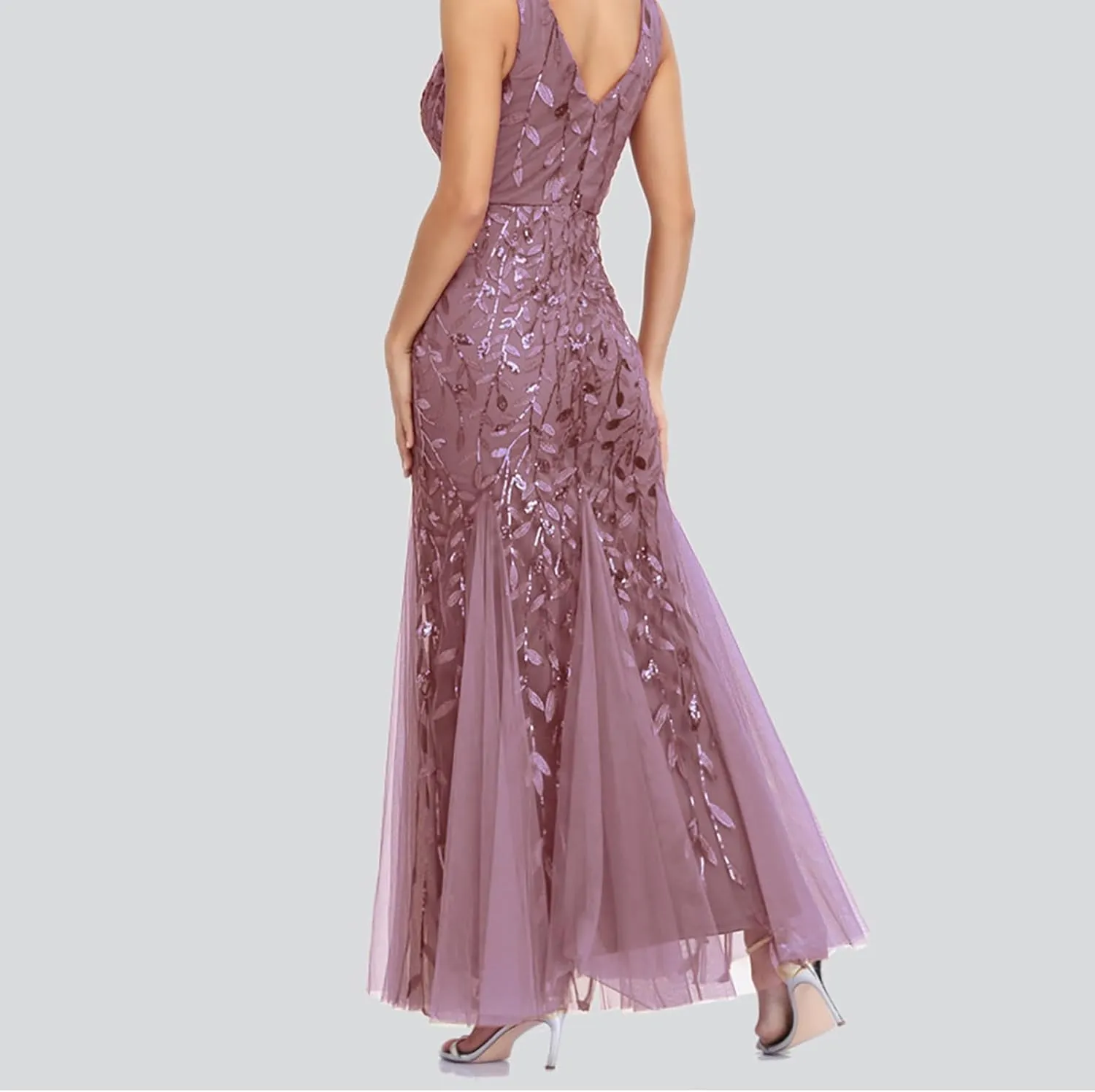 Wedding Guest Dress Women Glitter Sequin Chiffon Dress Elegant V-Neck Mermaid Bodycon Maxi Evening Party Formal Gowns