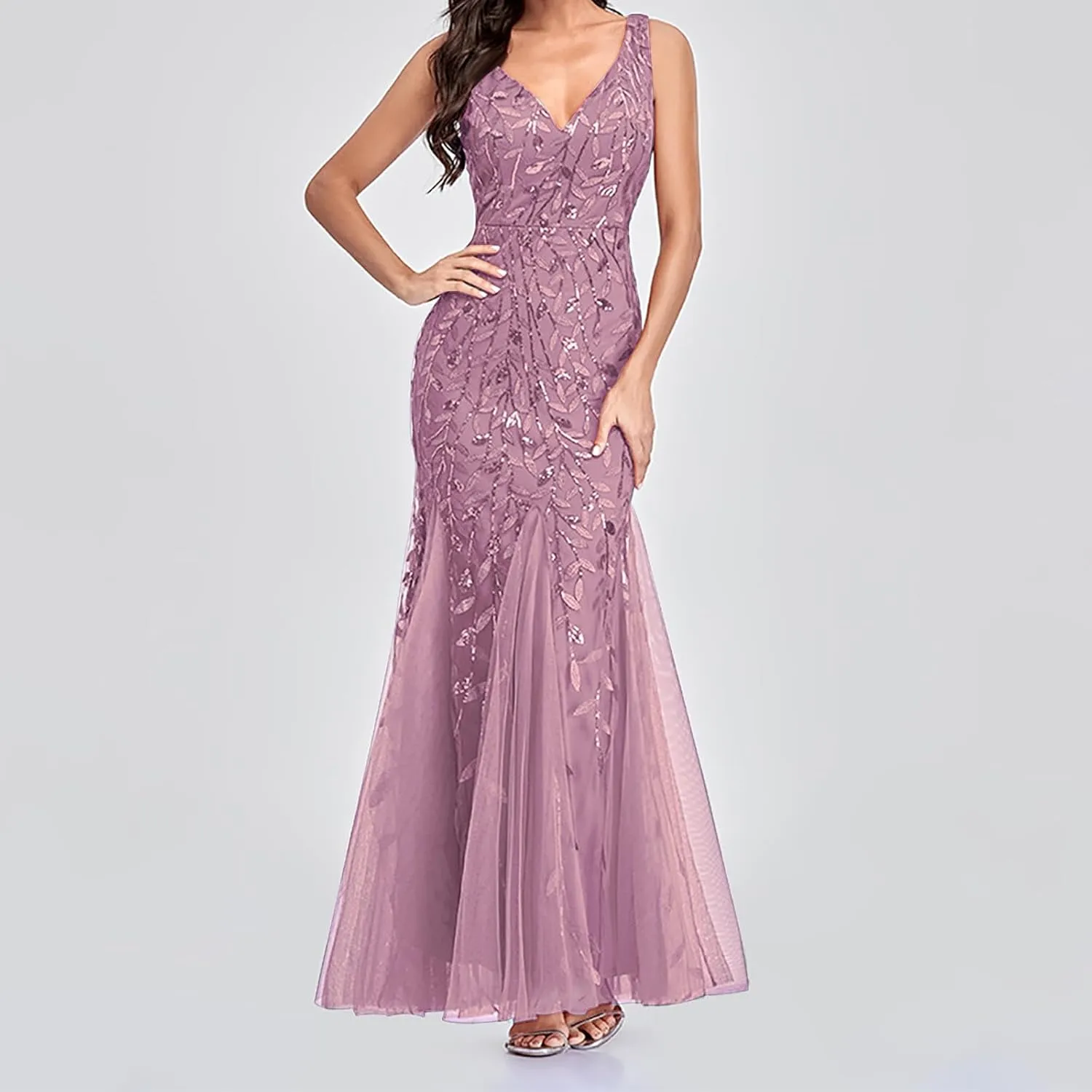 Wedding Guest Dress Women Glitter Sequin Chiffon Dress Elegant V-Neck Mermaid Bodycon Maxi Evening Party Formal Gowns