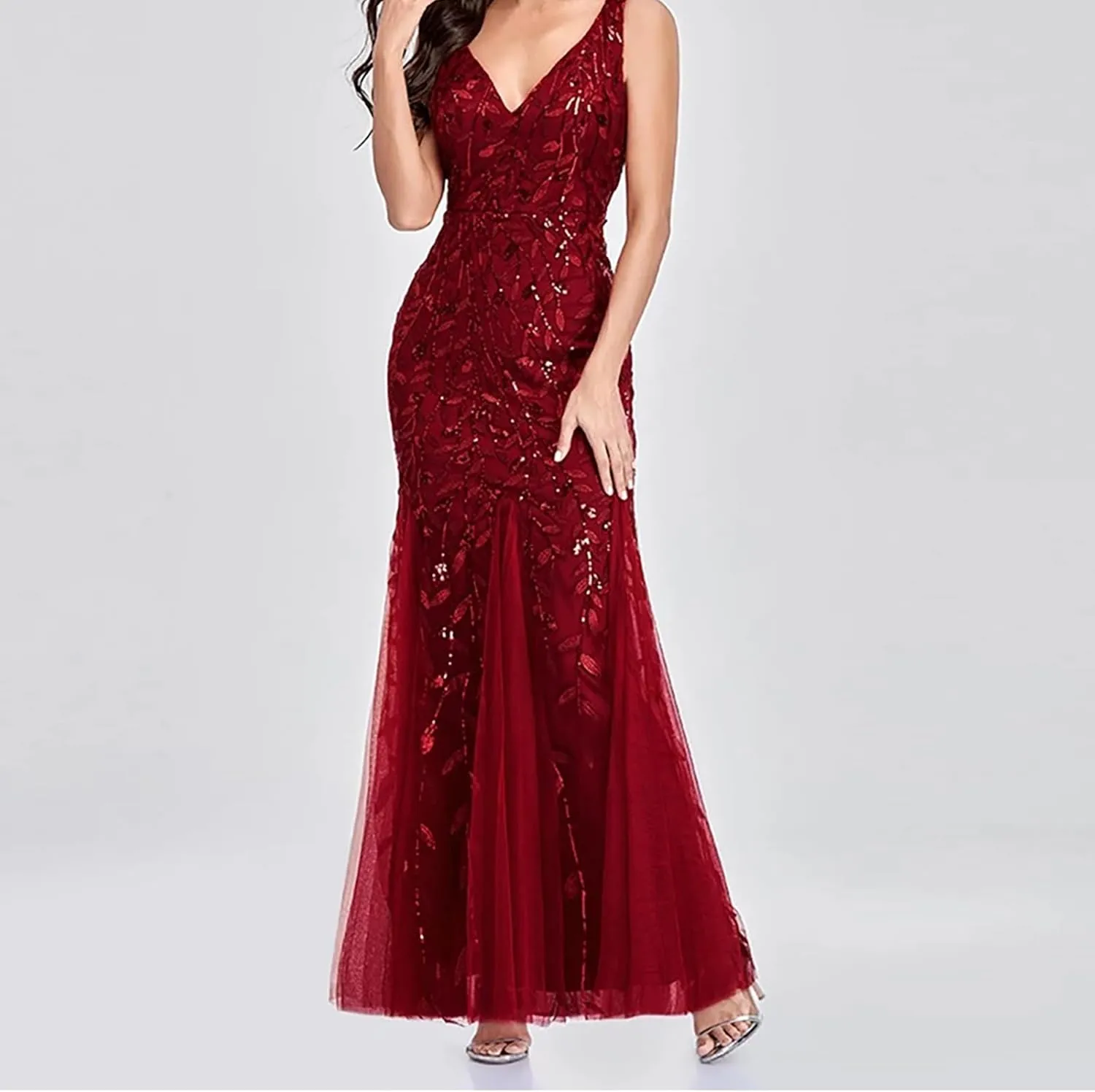 Wedding Guest Dress Women Glitter Sequin Chiffon Dress Elegant V-Neck Mermaid Bodycon Maxi Evening Party Formal Gowns
