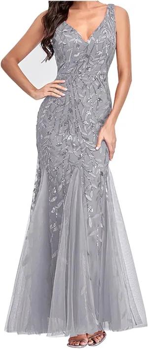 Wedding Guest Dress Women Glitter Sequin Chiffon Dress Elegant V-Neck Mermaid Bodycon Maxi Evening Party Formal Gowns