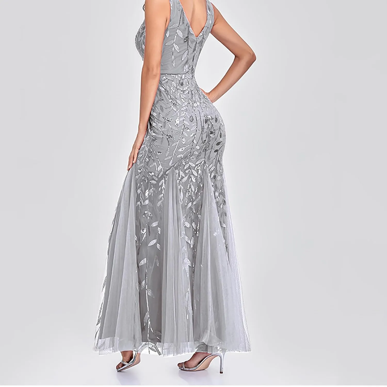 Wedding Guest Dress Women Glitter Sequin Chiffon Dress Elegant V-Neck Mermaid Bodycon Maxi Evening Party Formal Gowns