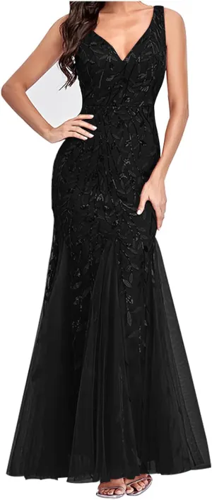 Wedding Guest Dress Women Glitter Sequin Chiffon Dress Elegant V-Neck Mermaid Bodycon Maxi Evening Party Formal Gowns