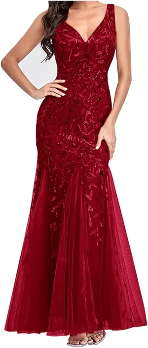 Wedding Guest Dress Women Glitter Sequin Chiffon Dress Elegant V-Neck Mermaid Bodycon Maxi Evening Party Formal Gowns
