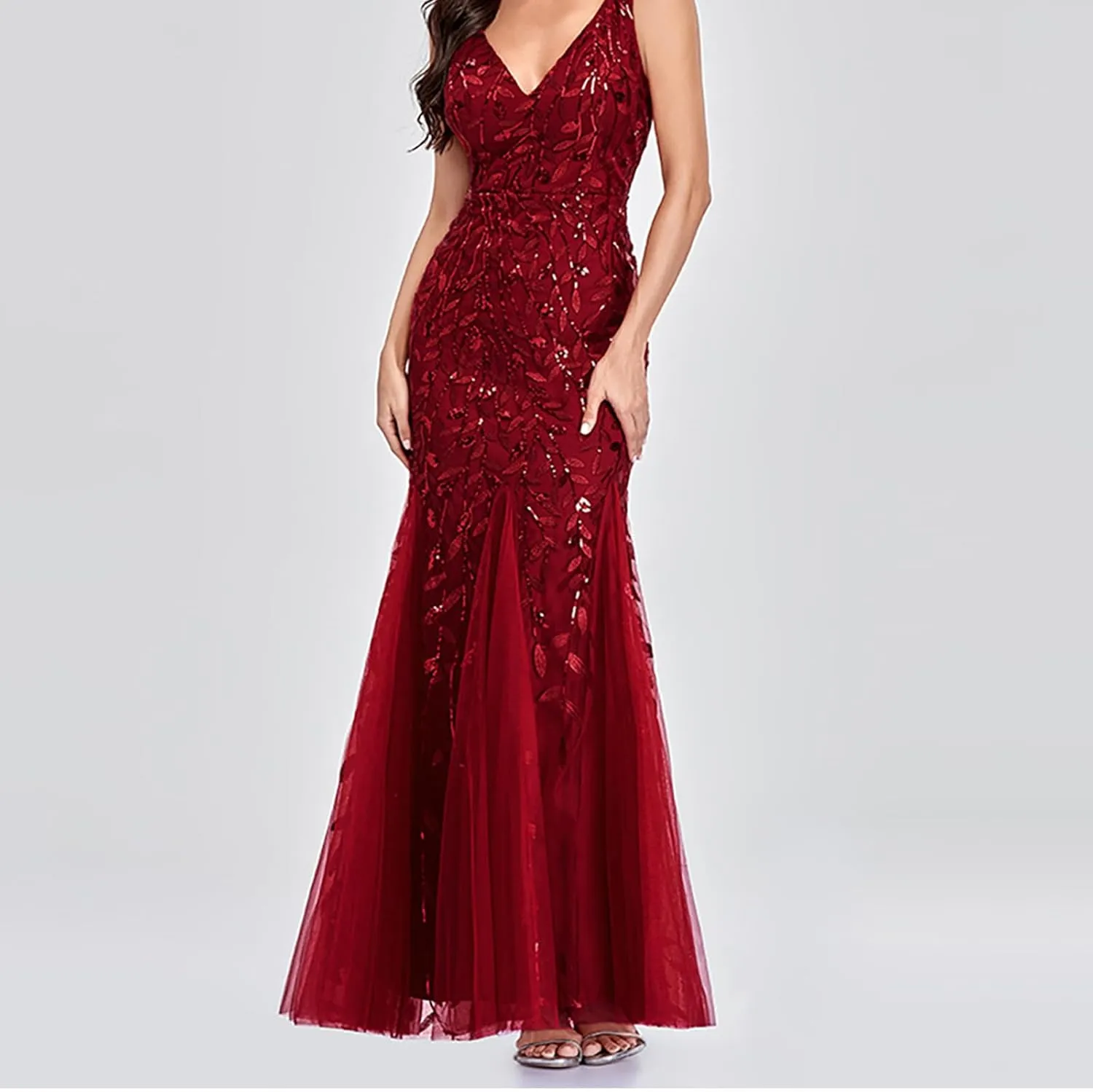 Wedding Guest Dress Women Glitter Sequin Chiffon Dress Elegant V-Neck Mermaid Bodycon Maxi Evening Party Formal Gowns