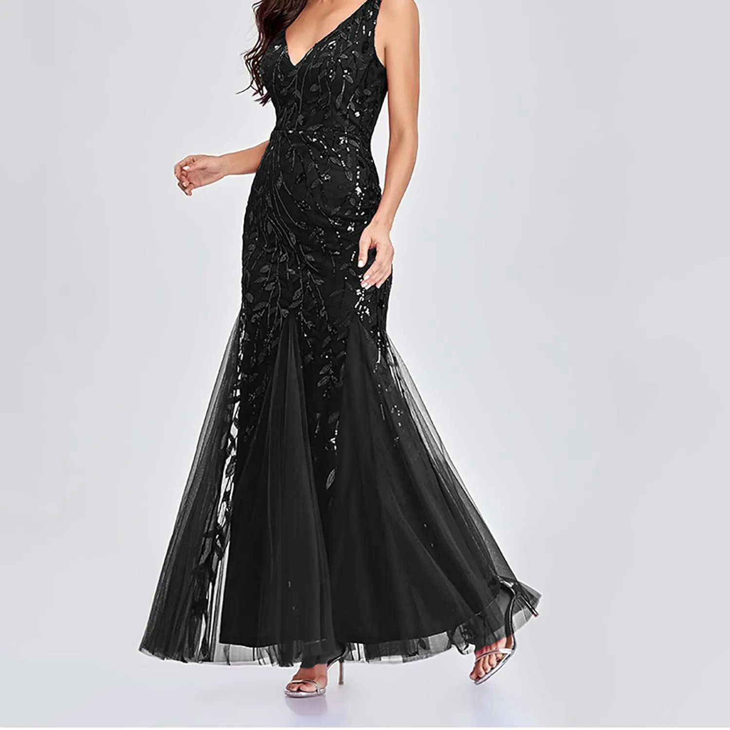 Wedding Guest Dress Women Glitter Sequin Chiffon Dress Elegant V-Neck Mermaid Bodycon Maxi Evening Party Formal Gowns