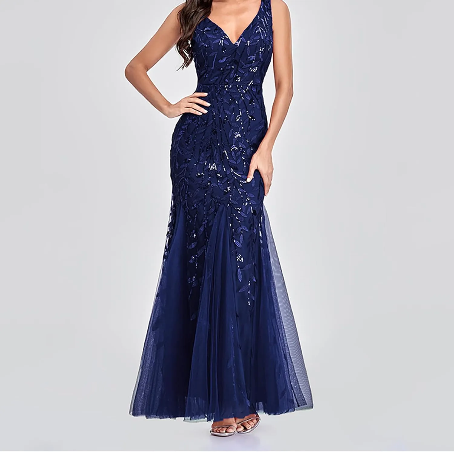 Wedding Guest Dress Women Glitter Sequin Chiffon Dress Elegant V-Neck Mermaid Bodycon Maxi Evening Party Formal Gowns