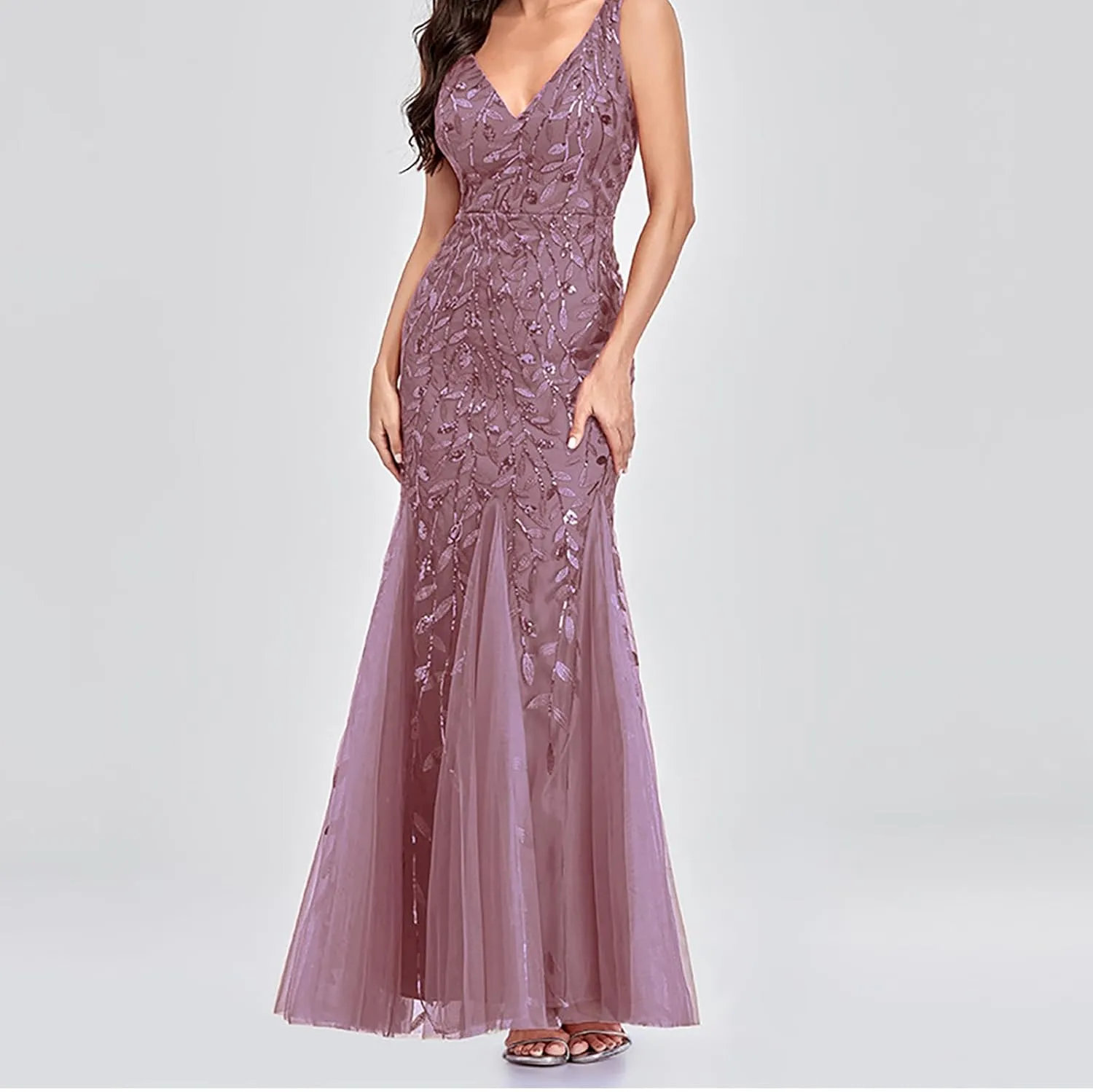 Wedding Guest Dress Women Glitter Sequin Chiffon Dress Elegant V-Neck Mermaid Bodycon Maxi Evening Party Formal Gowns