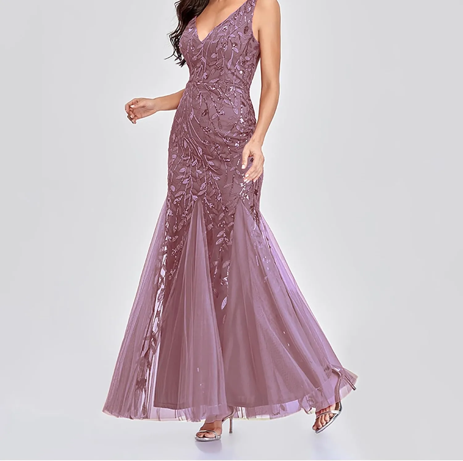 Wedding Guest Dress Women Glitter Sequin Chiffon Dress Elegant V-Neck Mermaid Bodycon Maxi Evening Party Formal Gowns