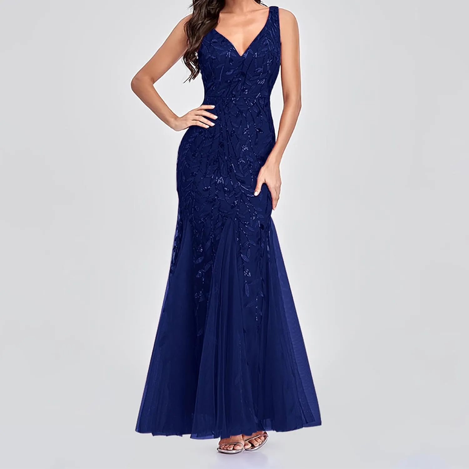 Wedding Guest Dress Women Glitter Sequin Chiffon Dress Elegant V-Neck Mermaid Bodycon Maxi Evening Party Formal Gowns