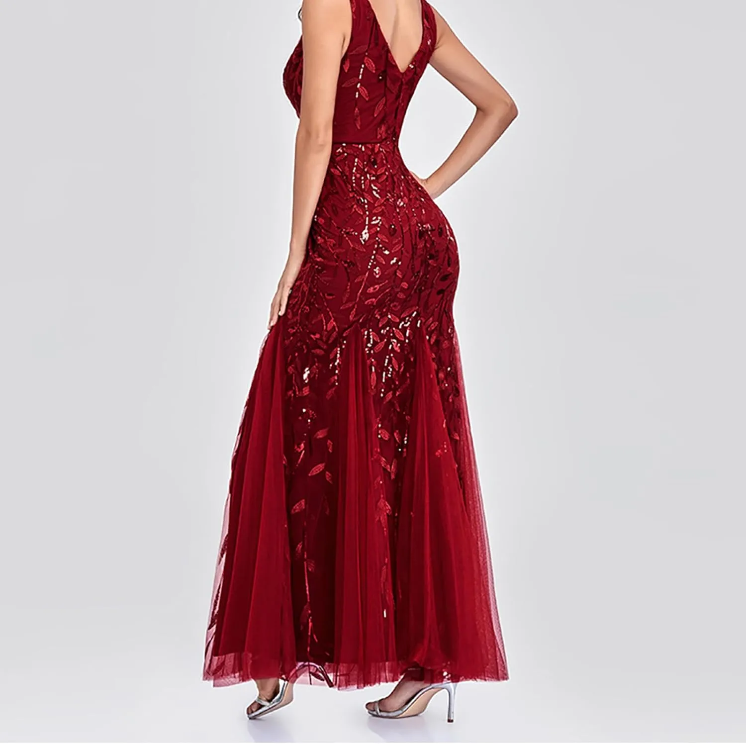 Wedding Guest Dress Women Glitter Sequin Chiffon Dress Elegant V-Neck Mermaid Bodycon Maxi Evening Party Formal Gowns