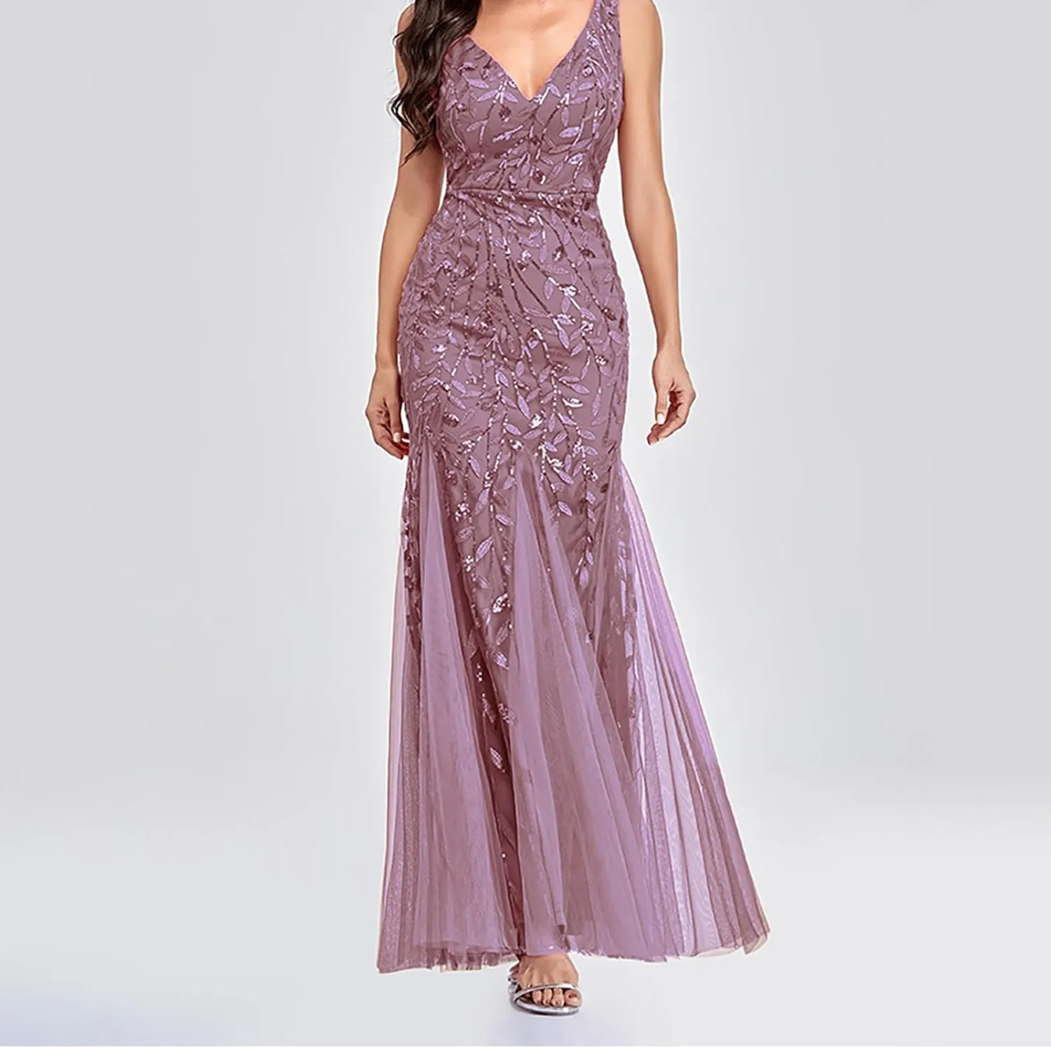 Wedding Guest Dress Women Glitter Sequin Chiffon Dress Elegant V-Neck Mermaid Bodycon Maxi Evening Party Formal Gowns