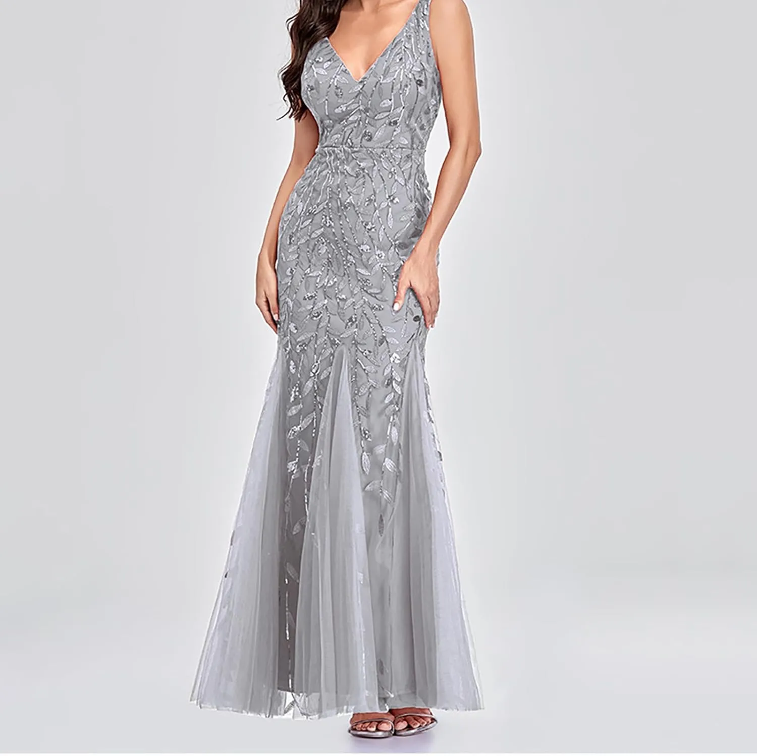 Wedding Guest Dress Women Glitter Sequin Chiffon Dress Elegant V-Neck Mermaid Bodycon Maxi Evening Party Formal Gowns