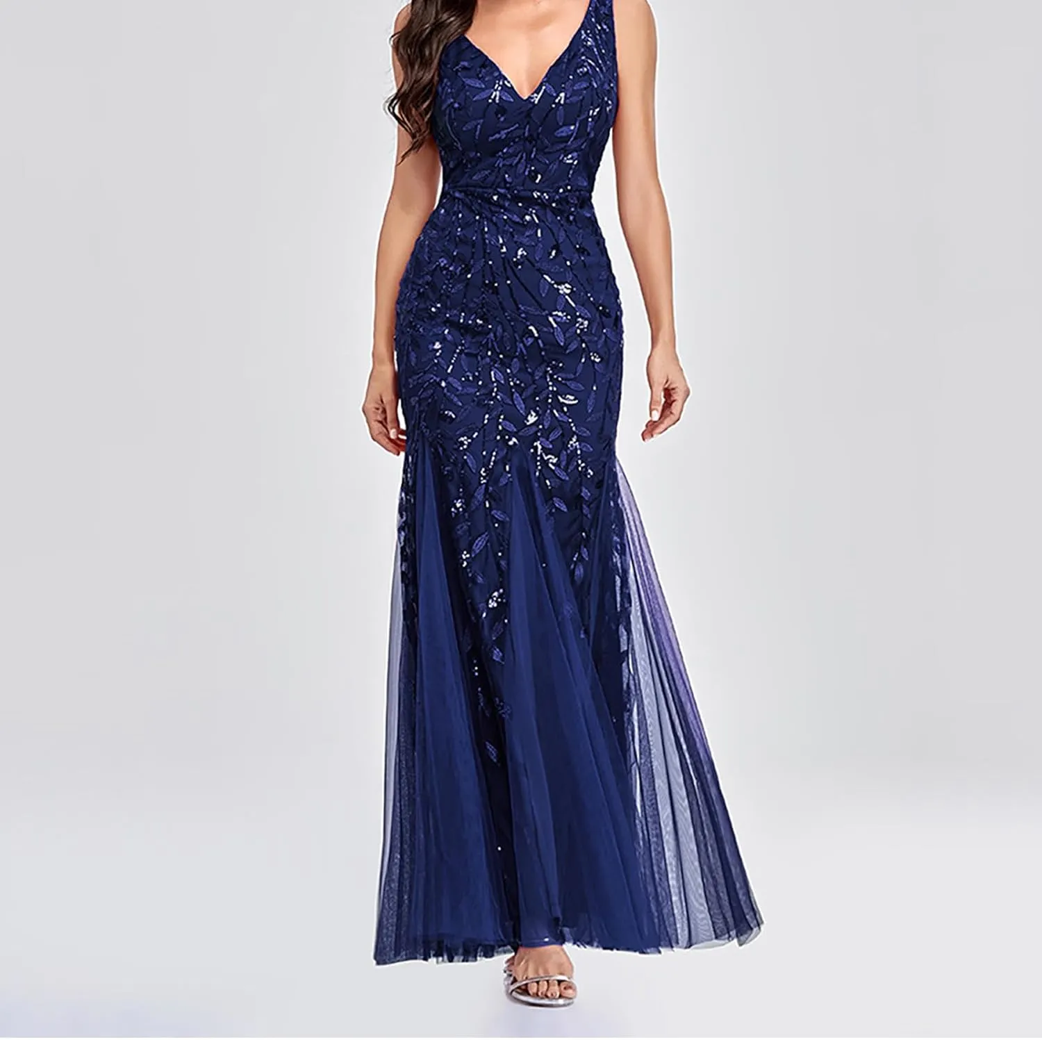 Wedding Guest Dress Women Glitter Sequin Chiffon Dress Elegant V-Neck Mermaid Bodycon Maxi Evening Party Formal Gowns
