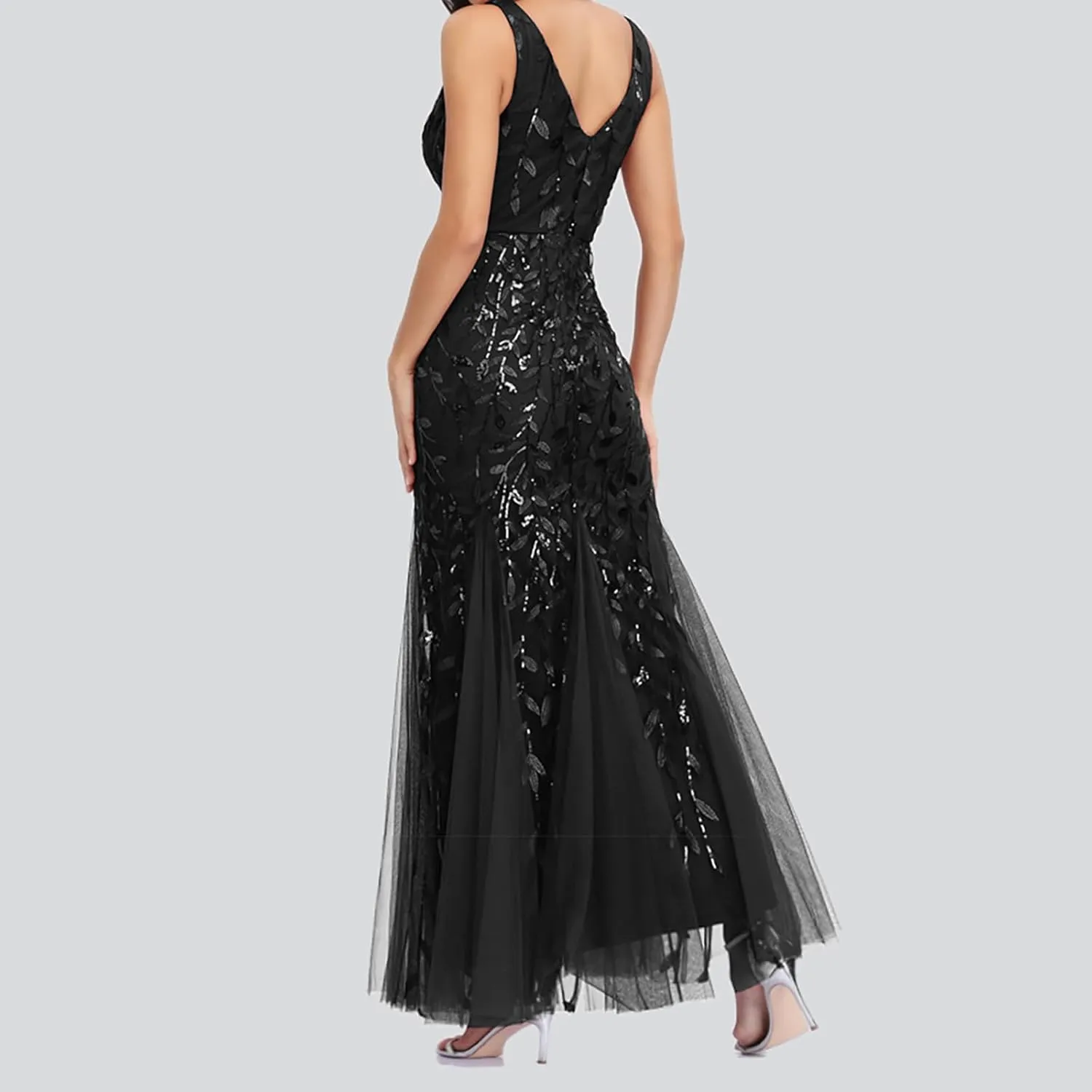 Wedding Guest Dress Women Glitter Sequin Chiffon Dress Elegant V-Neck Mermaid Bodycon Maxi Evening Party Formal Gowns