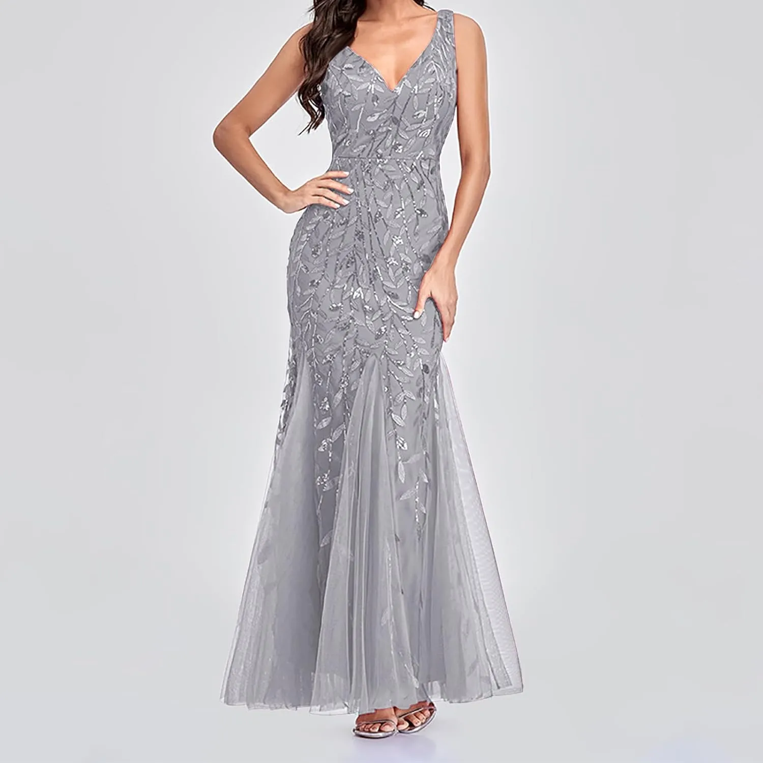 Wedding Guest Dress Women Glitter Sequin Chiffon Dress Elegant V-Neck Mermaid Bodycon Maxi Evening Party Formal Gowns