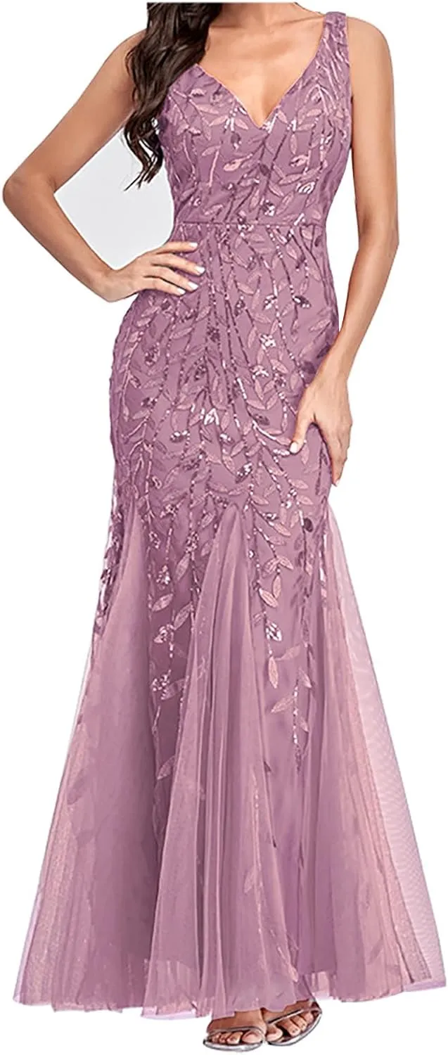 Wedding Guest Dress Women Glitter Sequin Chiffon Dress Elegant V-Neck Mermaid Bodycon Maxi Evening Party Formal Gowns
