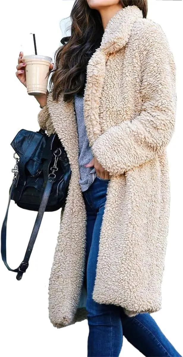 Women 2024 Winter Faux Fur Coats Oversized Sherpa Jackets Fuzzy Fleece Lapel Open Front Long Cardigan Warm Outerwear