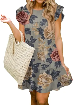Women Babydoll Summer Casual Crew Neck Ruffle Sleeve Sleeveless Flowy Mini Short Tunic Dress Floral Print Pleated Dress3-Gray,Large