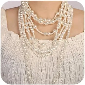 Women Boho 1920s Long Pearls Necklaces Gold Dainty Pearls Layered Choker Necklaces Fashion Chunky Pendant Multilayer Adjustable Layering Chain Necklaces for Women