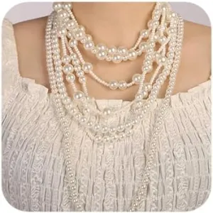 Women Boho 1920s Long Pearls Necklaces Gold Dainty Pearls Layered Choker Necklaces Fashion Chunky Pendant Multilayer Adjustable Layering Chain Necklaces for Women