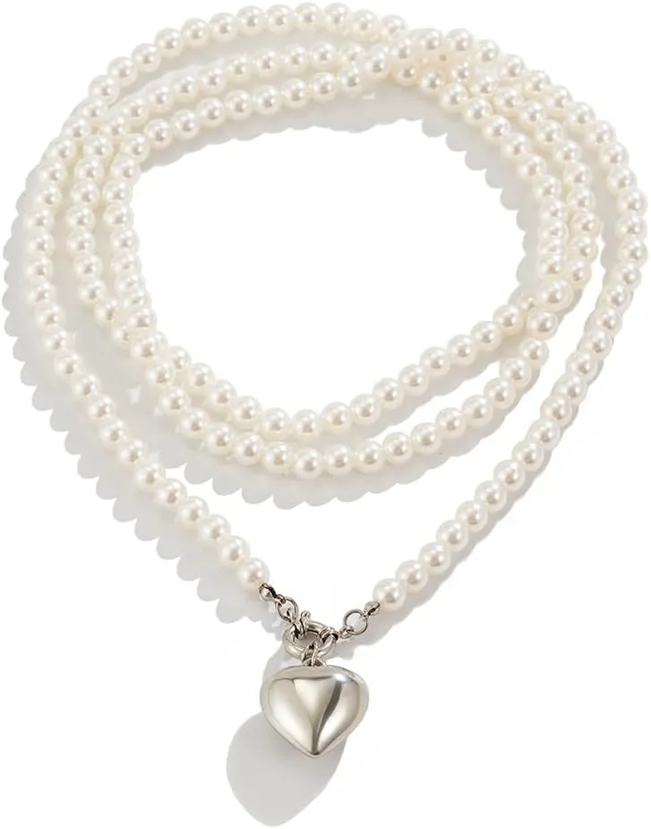 Women Boho 1920s Love Pendant Necklaces Gold Dainty Pearls Layered Choker Necklaces Fashion Chunky Pendant Multilayer Adjustable Layering Chain Necklaces for Women