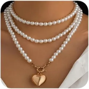 Women Boho 1920s Love Pendant Necklaces Gold Dainty Pearls Layered Choker Necklaces Fashion Chunky Pendant Multilayer Adjustable Layering Chain Necklaces for Women