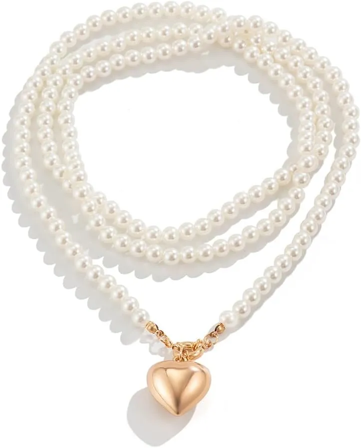 Women Boho 1920s Love Pendant Necklaces Gold Dainty Pearls Layered Choker Necklaces Fashion Chunky Pendant Multilayer Adjustable Layering Chain Necklaces for Women