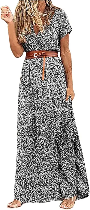 Women Boho Causal Summer Dress Short Sleeve High Waist Maxi Long Dresses 2024 Trendy Dress Beach Vacation Clothing