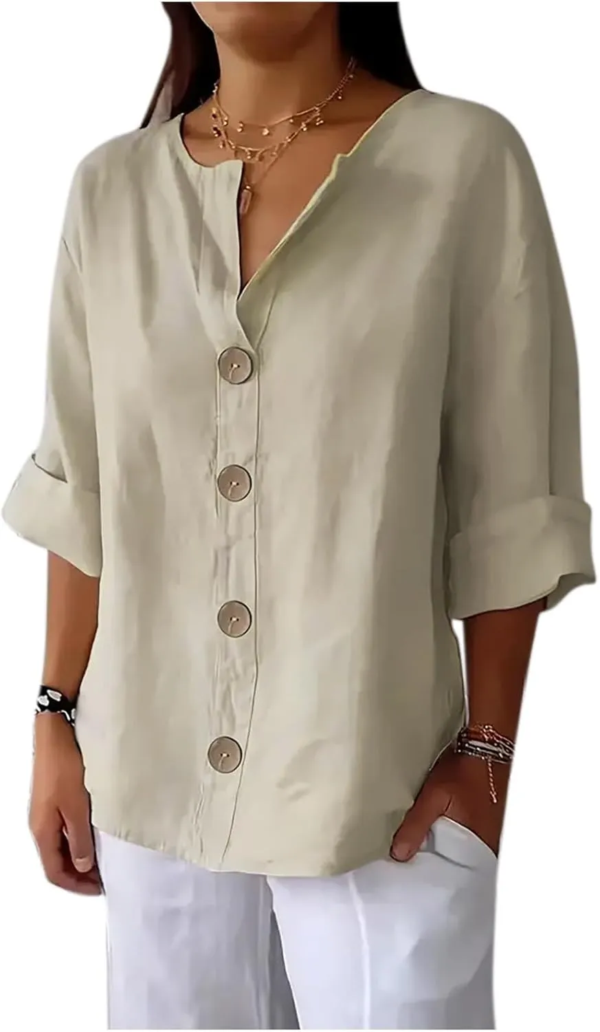 Women Boho Cotton Linen Tops Loose Fitting Summer Blouses 3/4 Sleeve V Neck Tunic Shirts Trendy Beach Clothing 2025