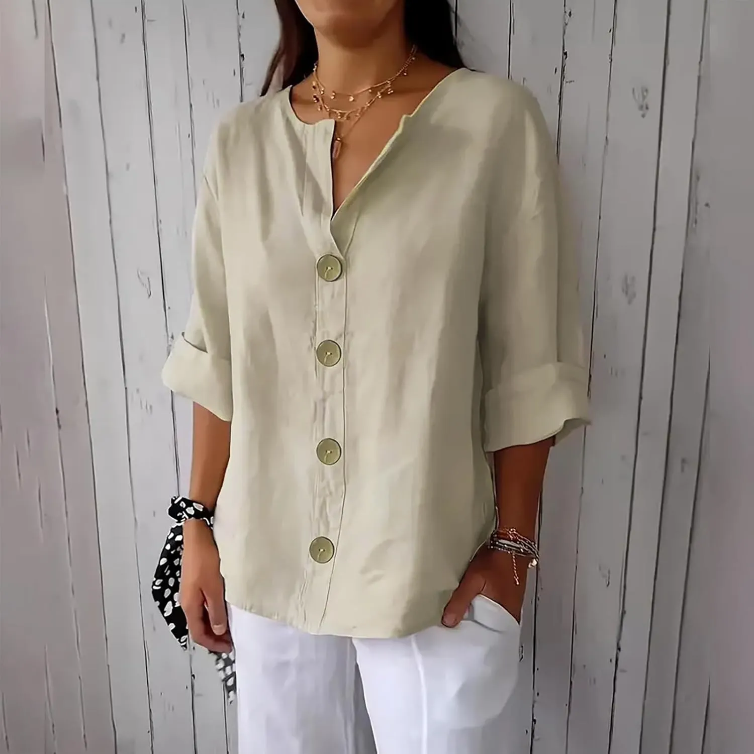 Women Boho Cotton Linen Tops Loose Fitting Summer Blouses 3/4 Sleeve V Neck Tunic Shirts Trendy Beach Clothing 2025