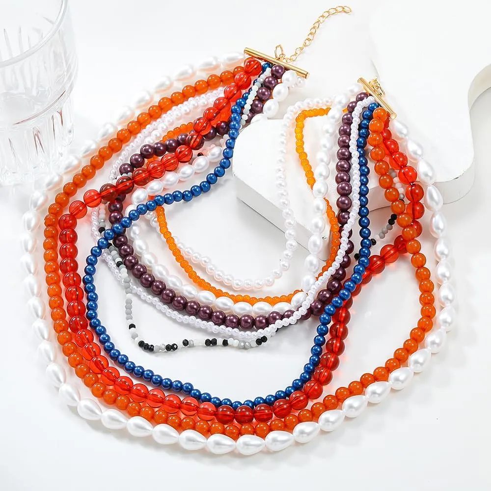 Women Boho Large 1920s Pearls Choker Necklaces Red Green Blue Crystal Pearls Necklace Layered Choker Necklaces Red Multilayer Pearls Layering Necklaces for Women