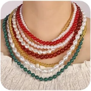 Women Boho Large 1920s Pearls Choker Necklaces Red Green Blue Crystal Pearls Necklace Layered Choker Necklaces Red Multilayer Pearls Layering Necklaces for Women