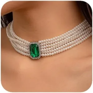 Women Boho Multilayer 1920s Rhinestone Necklaces Green Red Dainty Pearls Layered Choker Necklaces Black Fashion Chunky Pendant Adjustable Layering Chain Necklaces for Women