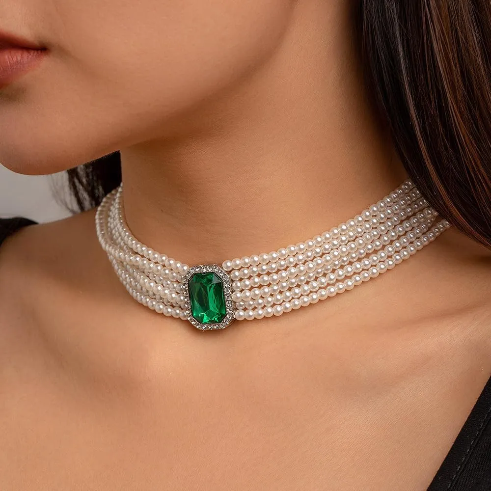 Women Boho Multilayer 1920s Rhinestone Necklaces Green Red Dainty Pearls Layered Choker Necklaces Black Fashion Chunky Pendant Adjustable Layering Chain Necklaces for Women