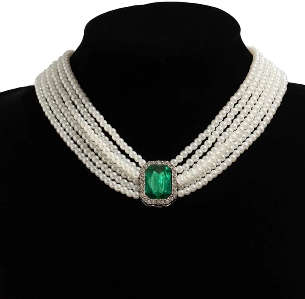Women Boho Multilayer 1920s Rhinestone Necklaces Green Red Dainty Pearls Layered Choker Necklaces Black Fashion Chunky Pendant Adjustable Layering Chain Necklaces for Women
