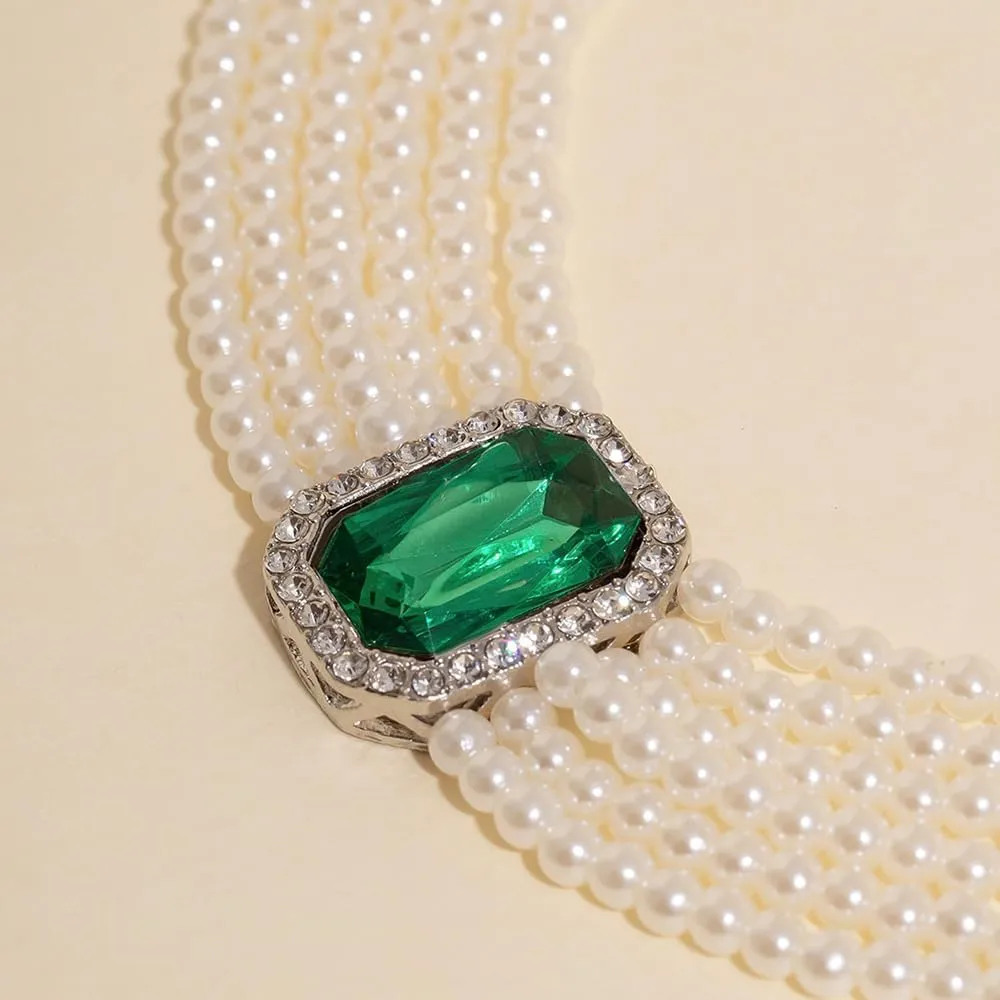 Women Boho Multilayer 1920s Rhinestone Necklaces Green Red Dainty Pearls Layered Choker Necklaces Black Fashion Chunky Pendant Adjustable Layering Chain Necklaces for Women